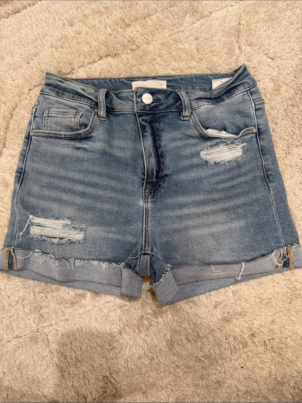 Classic Medium Blue Distressed High-Rise Jean Shorts
